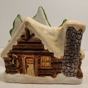 Vtg GKAO Ceramic Napkin Holder Cabin In The Woods Trees Winter Cottage Country